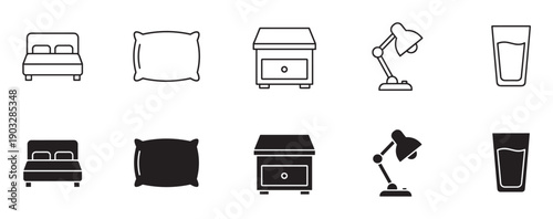 Bedroom furniture and sleep items icon set featuring minimalist line art and solid glyph styles for a bed, pillow, nightstand, lamp, and glass of water illustration
