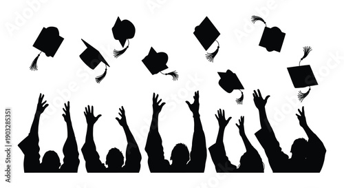 Celebration of graduation silhouettes of caps tossed in the air