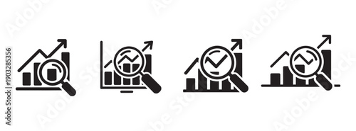 Set of four black and white flat icons representing financial growth analysis, stock market charts, and data examination with magnifying glass.