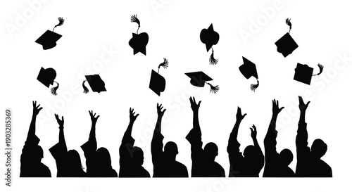 Celebration of graduation silhouettes of caps tossed in the air