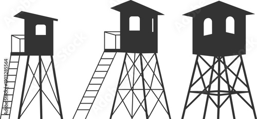 Watchtower silhouette, guard tower illustration, military security tower, observation post design, surveillance lookout structure, vector watch tower graphic