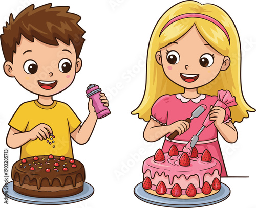 Children, baking, decorating, cakes, chocolate, pink, sprinkles, strawberries, icing, piping bag, spatula, fun, kitchen, activity, creative, dessert, happy, teamwork, colorful, celebration