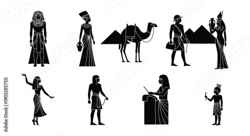 Ancient egypt themed silhouettes depicting people animals and pyramids