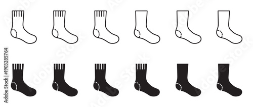 Set of twelve sock icons in black, arranged in two rows with outline and solid fill styles, showing a progression from ribbed cuffs to simple minimalist shapes for apparel concepts