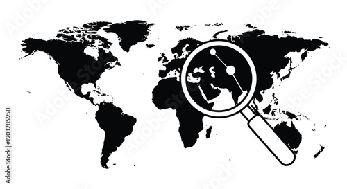 World map with a magnifying glass focusing on europe and north africa