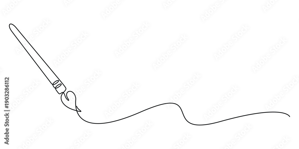Obraz premium Paint brush continuous one line drawing vector illustration, Single line art paint brush. Continuous single line drawing of a paintbrush creating a flowing. wavy stroke. Doodle vector illustration