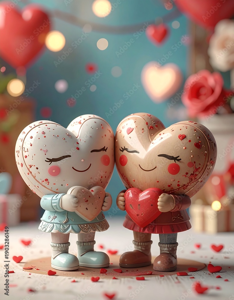 Fototapeta premium Animated heart-shaped figures in love with heart-shaped balloons