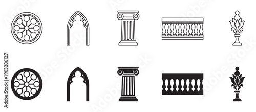 Set of black architectural elements including a Gothic arch, Ionic column, rose window, balustrade, and finial, presented as both line art icons and solid silhouettes for design