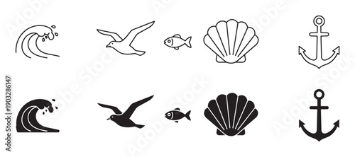 Set of marine and nautical symbols including a wave, seagull, fish, shell, and anchor, displayed in a simple graphic style with both outline and solid silhouette versions