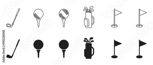 Golf equipment icon set in two styles, outline and solid silhouette, featuring a club, ball on a tee, bag with clubs, and a flagstick in a hole