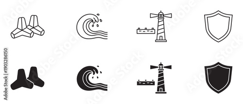 Black and white maritime safety icon set featuring a lighthouse, tetrapod breakwaters, an ocean wave, and a shield symbol, shown in minimalist outline and filled glyph styles