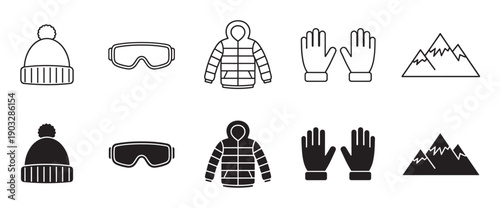 Set of winter sports and clothing icons featuring a hat, goggles, jacket, gloves, and mountains, presented in both black line art outline and solid glyph silhouette styles