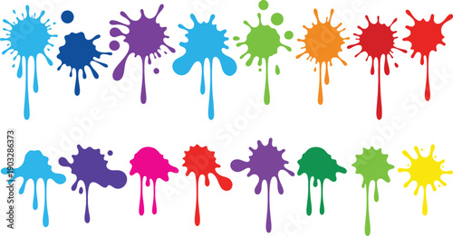 Vibrant colorful paint splatters and drips on white background creative artistic design elements