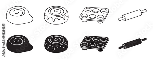 Baking icons set with cinnamon rolls, a muffin tin, and a rolling pin in two styles, line art and solid black silhouette for culinary and pastry design concepts