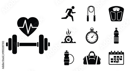 Fitness and health icons running weights heart rate and more