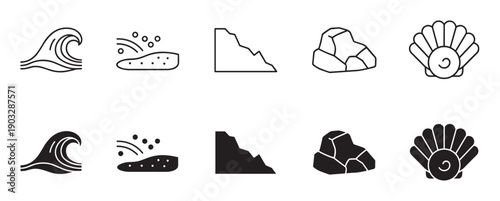 Collection of black nature icons in linear and glyph styles representing coastal elements like a wave, sand, cliff, rock, and seashell for graphic design or web interface