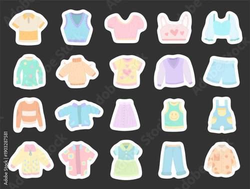 Wardrobe clothes set in scandinavian style featuring shirts sweaters jackets skirts dresses shorts jeans overalls kids fashion apparel outfit wear