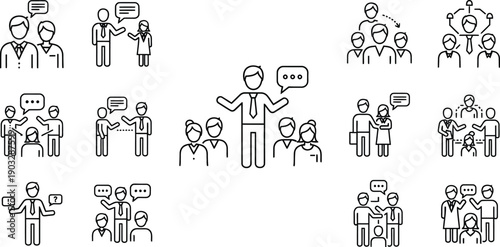 Black line icons of business people communicating and interacting in various group settings and discussions