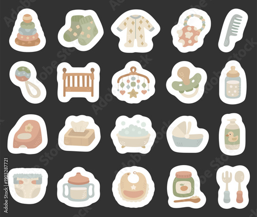 Children care set in scandinavian style featuring baby hygiene feeding sleep play nursery toys furniture clothing daily use development