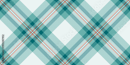 Greeting texture pattern fabric, stitched seamless vector plaid. Uk tartan textile check background in white and teal colors.