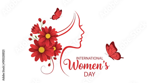 International women's day logo with flowers and butterflies on a woman's face profile
