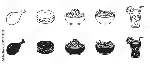 Collection of food and drink icons in line art and silhouette styles, including a chicken leg, pancakes, peas, salad, and a cold beverage with ice and lemon