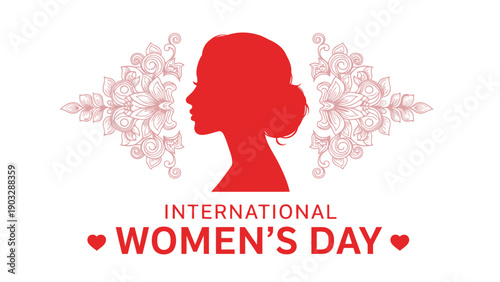 International women's day celebration with red silhouette of a woman and floral patterns