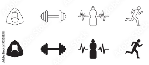 Set of black fitness and health icons showing a bicep, dumbbell, water bottle with a pulse, and a running person in both outline and solid silhouette styles for exercise concepts