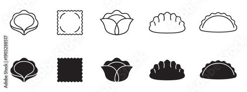 Set of black dumpling and pasta icons showing various shapes like ravioli, gyoza, and pierogi, presented in both minimalist line art and solid silhouette graphic styles