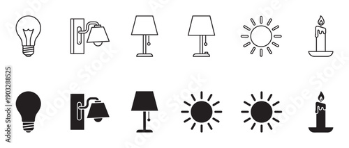 Collection of black light source icons in outline and solid glyph styles, featuring a lightbulb, wall sconce, table lamp, sun, and candle for interface design