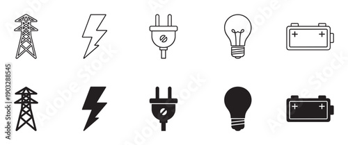 Set of black electricity icons showing a transmission tower, lightning bolt, plug, lightbulb, and battery in both outline and solid silhouette styles for graphic design