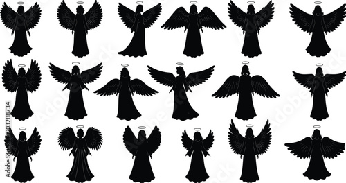 Vector silhouettes of angel figures with wings, black and white illustrations of angels, religious symbols, heavenly beings, angels with halos, divine figures, spiritual imagery, angel illustrations