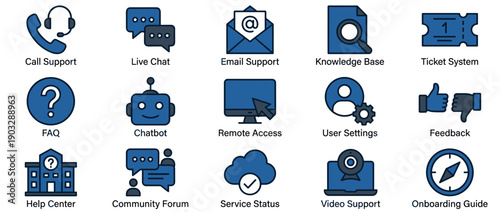 Customer support and help desk icon set featuring various blue line style symbols for call center, live chat, email, FAQ, and chatbot services for web and mobile applications