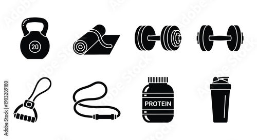 Black silhouette icons depicting various fitness and exercise equipment