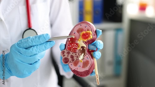 Doctor holding anatomical model of diseased human kidney with surgical tweezers