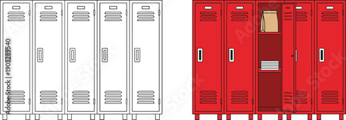 School and gym metal lockers vector set with open and closed storage cabinets furniture illustration design