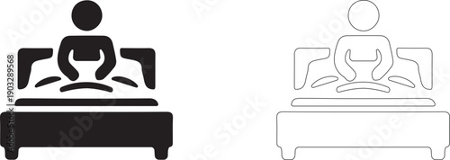 Man sitting in bed, covered with a blanket. Vector icon in minimalistic line style.