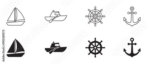 Set of black nautical marine icons featuring a sailboat, motorboat, anchor, and ship's wheel, depicted in simple minimalist outline and solid silhouette graphic styles