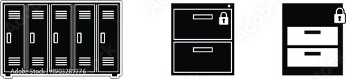 Secure metal storage cabinets and lockers silhouette icons set with locked drawers office furniture vector design illustration symbols