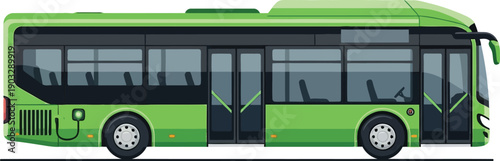 Modern green electric city bus with multiple doors and tinted windows depicted in a clean side profile vector illustration against a white background symbolizing sustainable urban