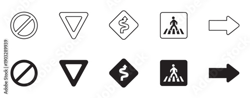 Set of common road sign symbols in black, featuring prohibition, yield, winding road, pedestrian crossing, and arrow icons presented in both line art and solid silhouette versions