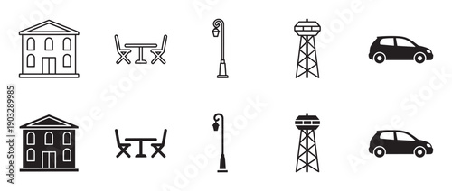 Set of black urban life icons in two styles, line art and solid silhouette, depicting a building, outdoor cafe, lamppost, water tower, and a compact hatchback car