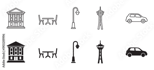 Set of black urban life icons featuring a building, cafe table, street lamp, observation tower, and car, presented in both thin line art and solid silhouette styles
