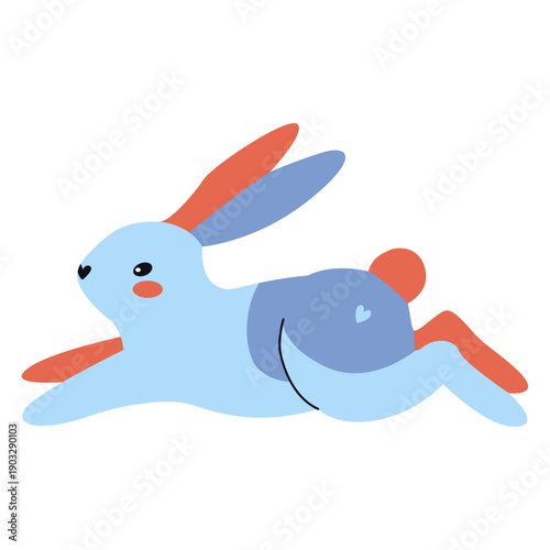 Little bunny jumping. Blue rabbit with red ear, tail and paw. Vector illustration isolated on white background