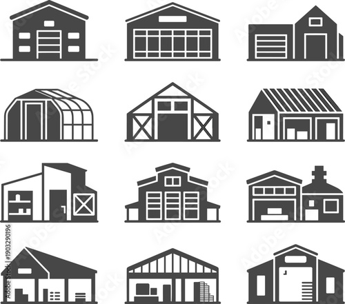 Warehouse and barn building icons vector set, industrial storage unit silhouette illustrations, modern factory, farm and garage architecture design