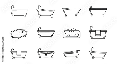 Collection of minimalist line art illustrations depicting various bathtub designs
