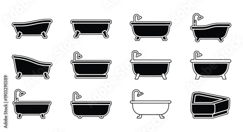 Collection of minimalist line art illustrations depicting various bathtub designs