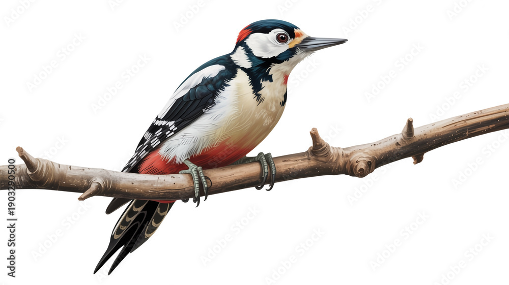 Fototapeta premium A vibrant woodpecker perched on a bare tree branch in a natural setting