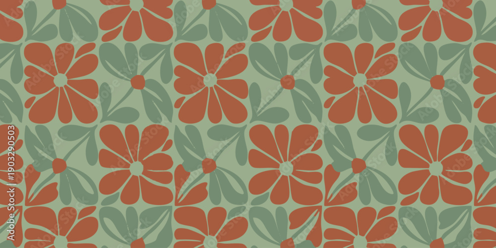 Fototapeta premium Vibrant floral pattern with red flowers and green leaves in a seamless repeat design