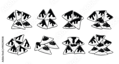 Hand drawn illustration of tortilla chips arranged in various formations
